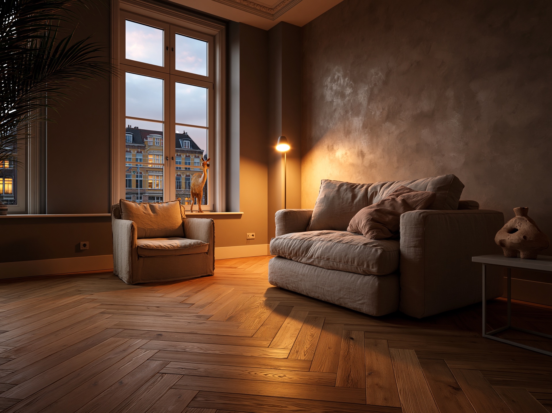 Oplevering — afgewerkte luxe wandafwerking bij avondlamplight