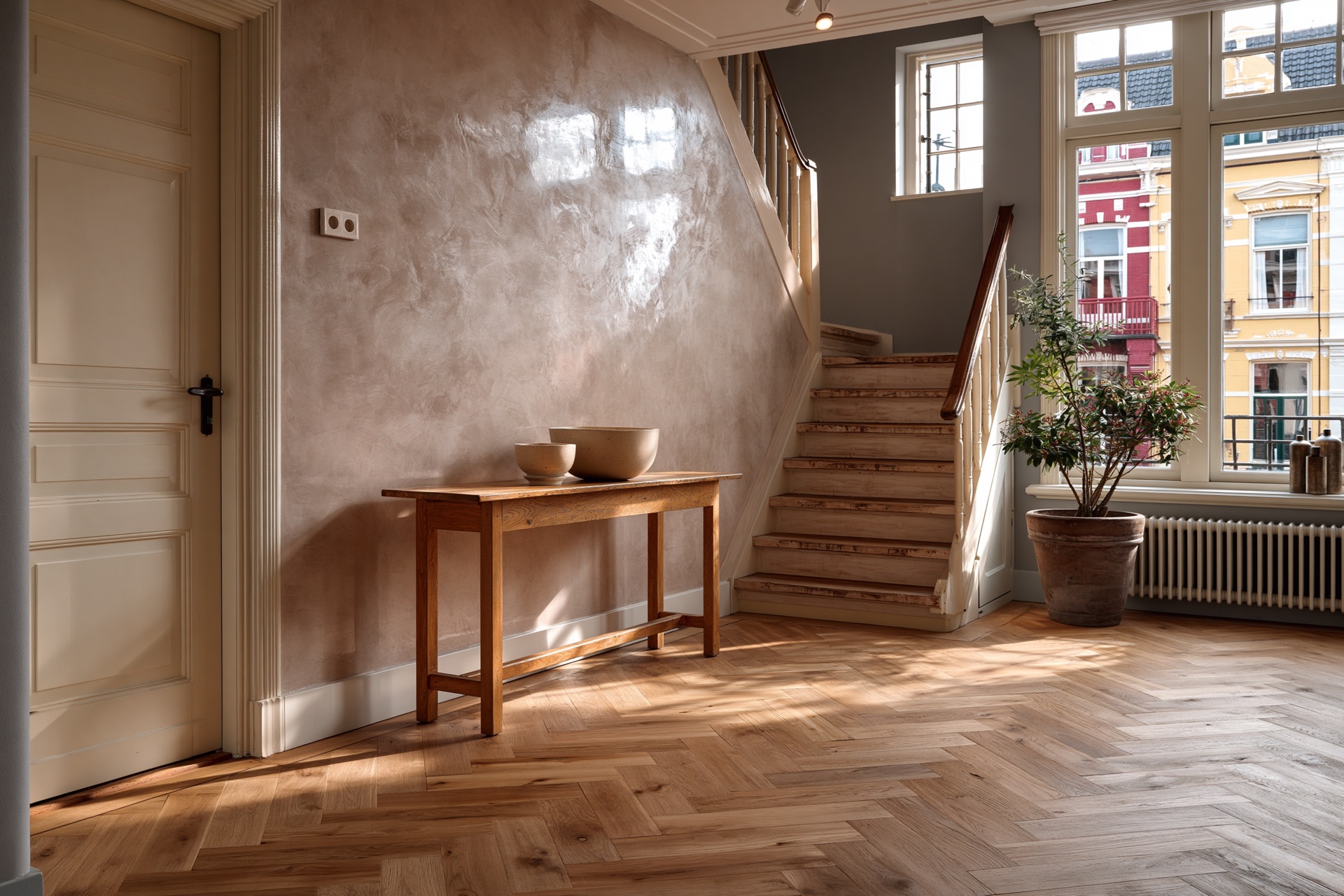 Entreehal Amsterdam met grijs Venetian Plaster marmerlook en houten deur