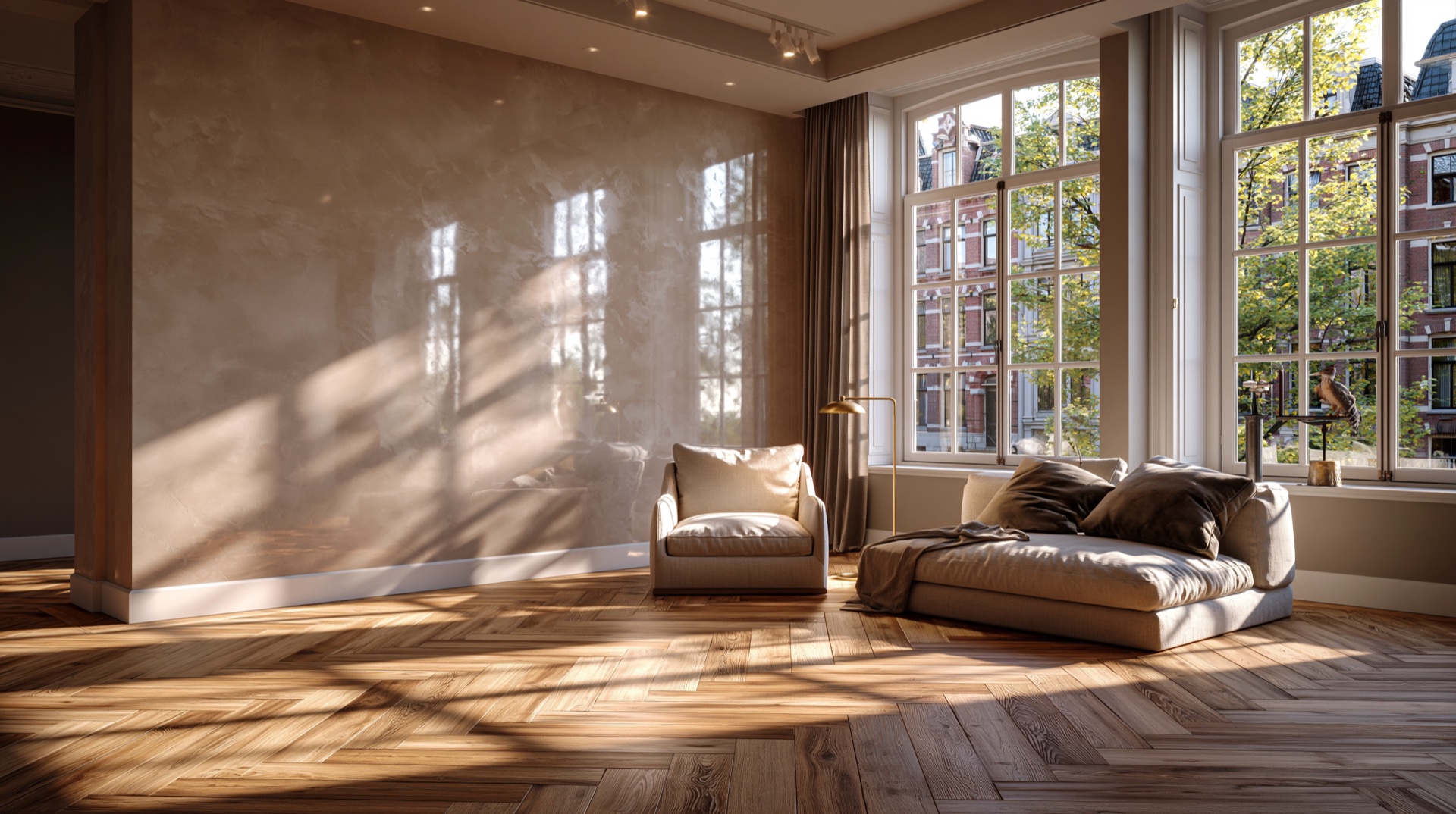 Woonkamer met Venetian Plaster marmerlook wand door Hands of Luxury