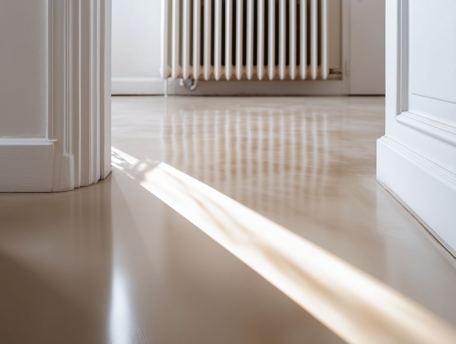 Dezelfde ruimte na applicatie van microcement vloer, glad en modern