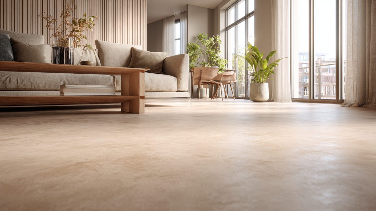 Ruime woonkamer met lichte microcement vloer over bestaande tegels in Bilthoven