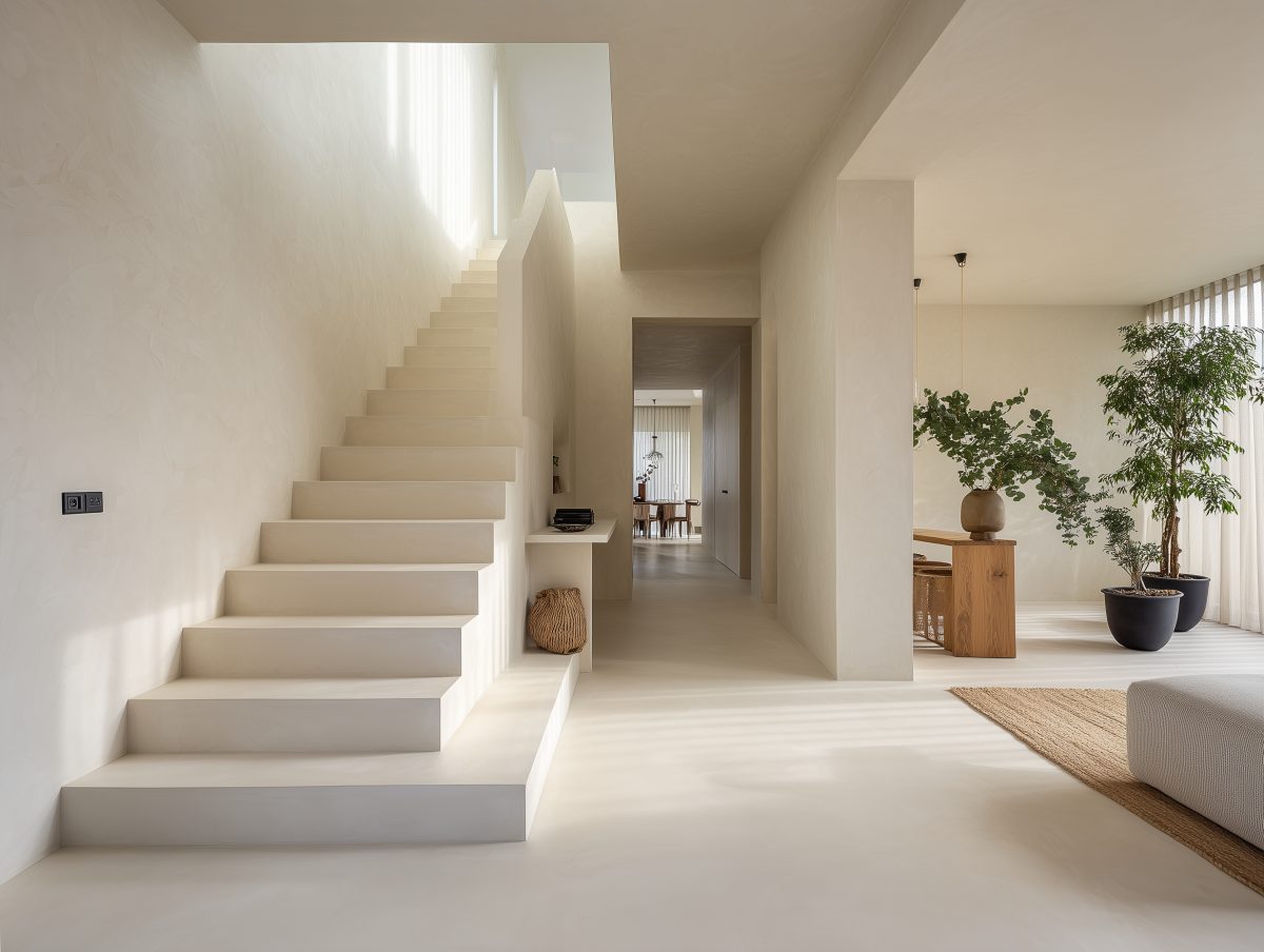Minimalistisch trappenhuis met microcement vloer in nieuwbouwwoning in Utrecht