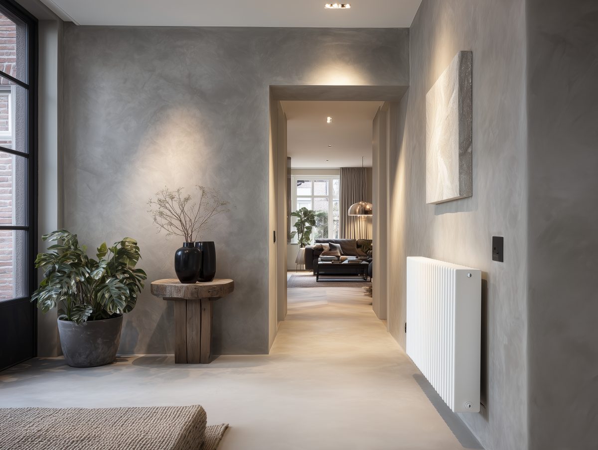 Hal en doorloop met microcement vloer in nieuwbouwwoning in Wassenaar
