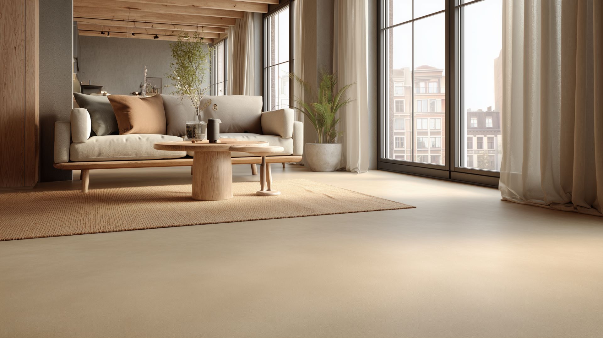 Luxe woonkamer met naadloze microcement vloer in warm zandtint door Hands of Luxury