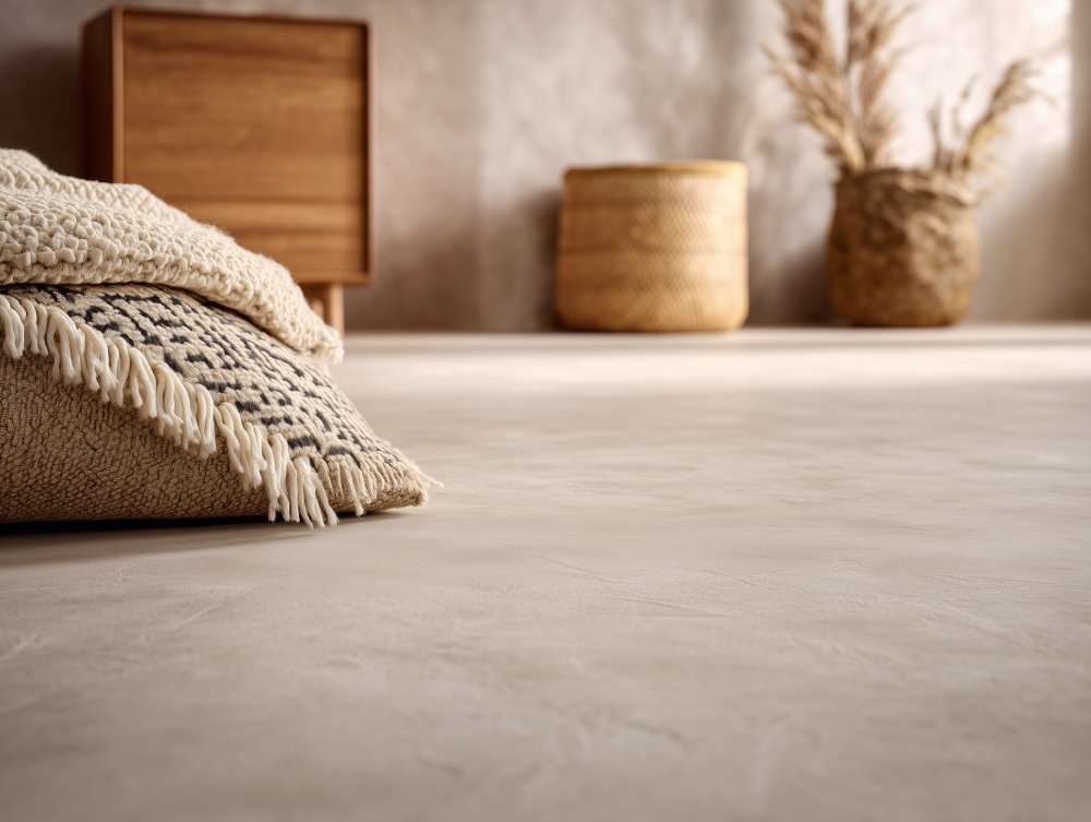 Close-up van microcement textuur in satijn zandkleur, naadloos en warm