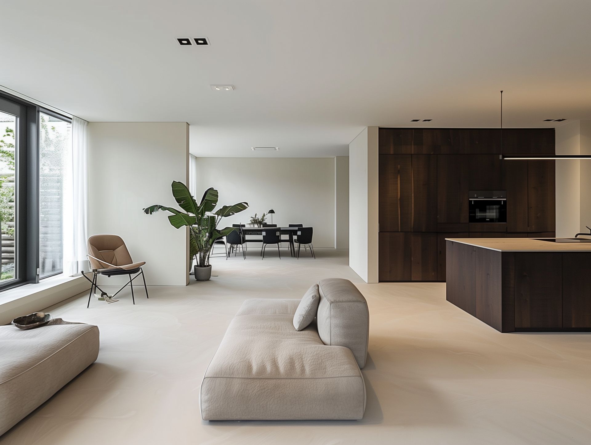 Open woonkamer met keuken en hal verbonden door één doorlopende microcement vloer