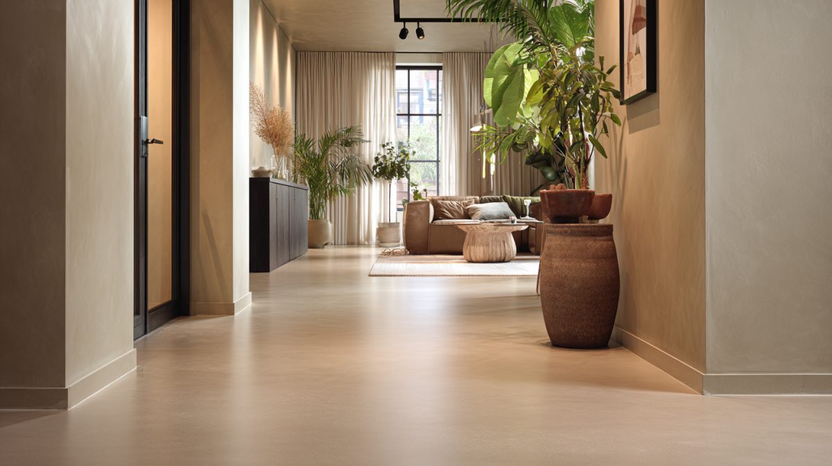 Sfeervolle woonkamer met doorlopende microcement vloer en warme lichtinval