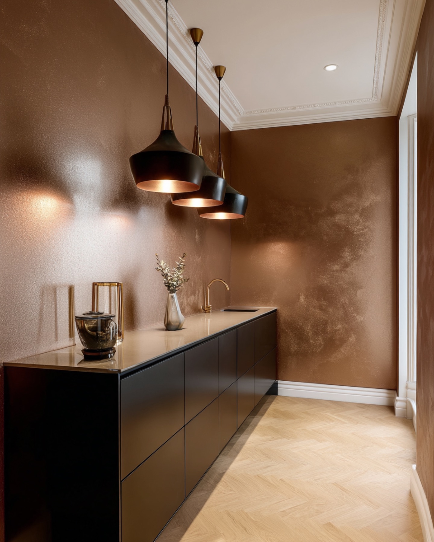 Slaapkamer Utrecht met Pearlescent Paint in champagnetint achter bed