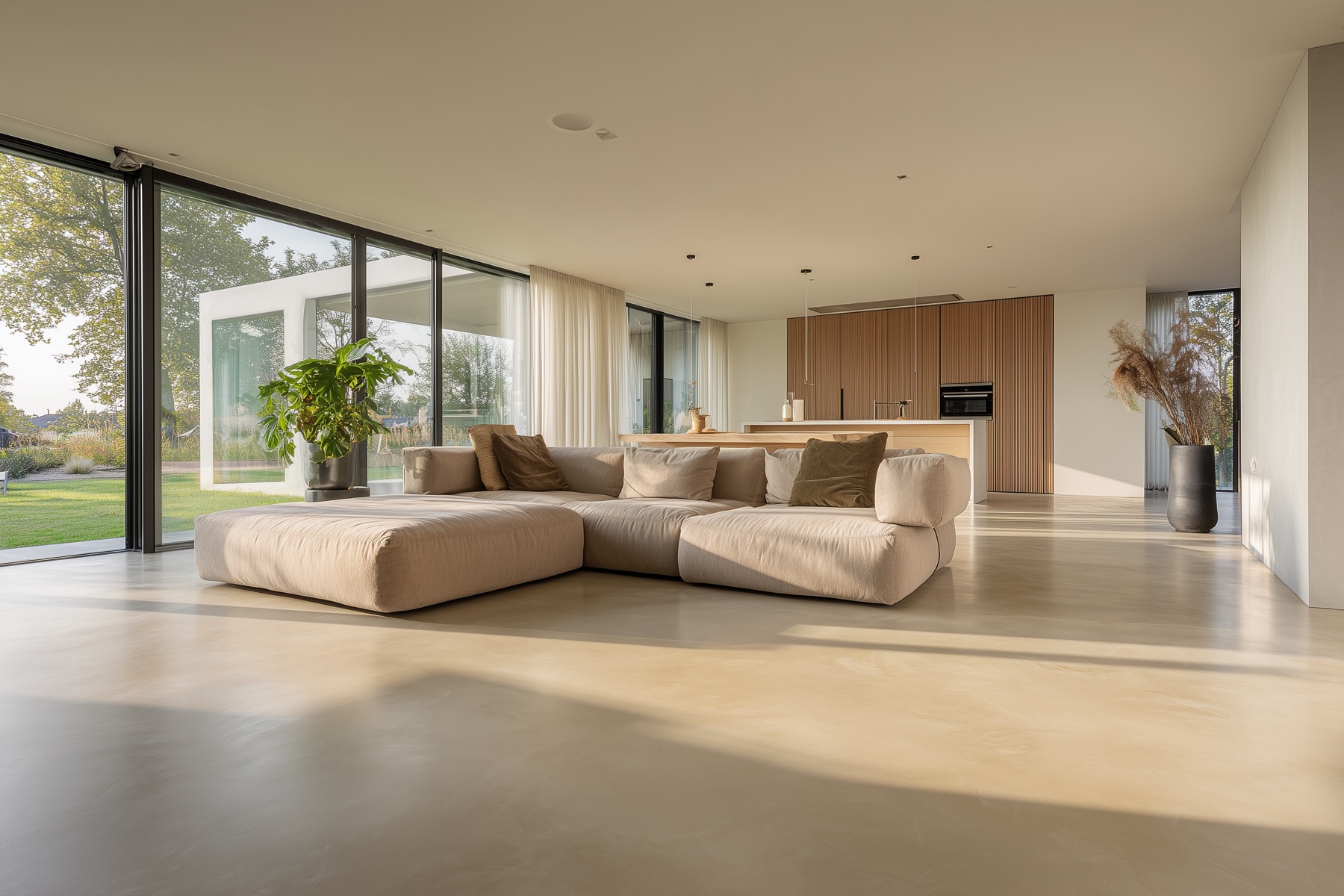 Warm-beige microcement vloer in open leefruimte van moderne villa in Wassenaar, naadloos aangebracht door Hands of Luxury