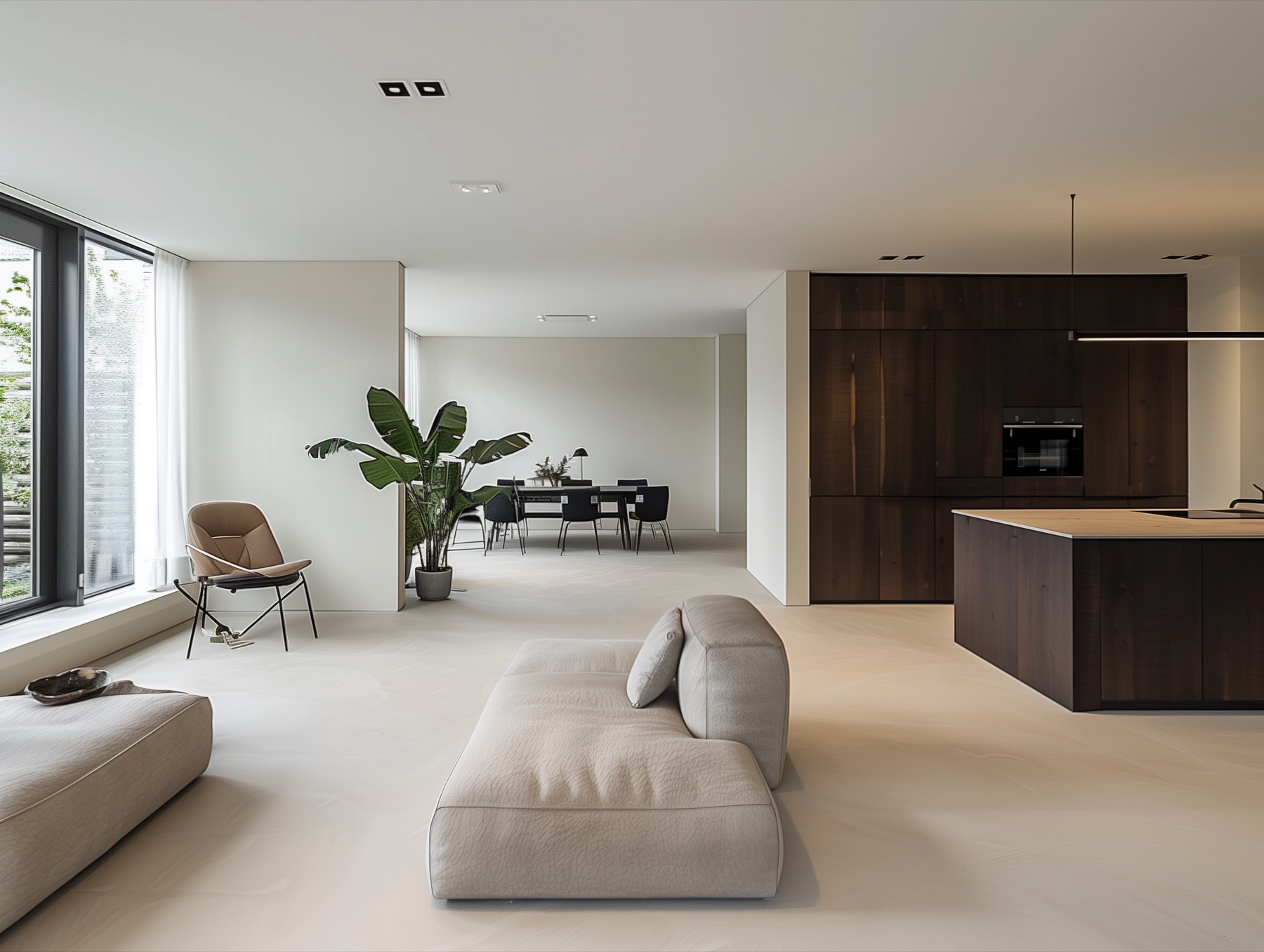 Licht-beige microcement vloer in open leefruimte met donkere houten keuken en witte lounge-zone in Bilthoven