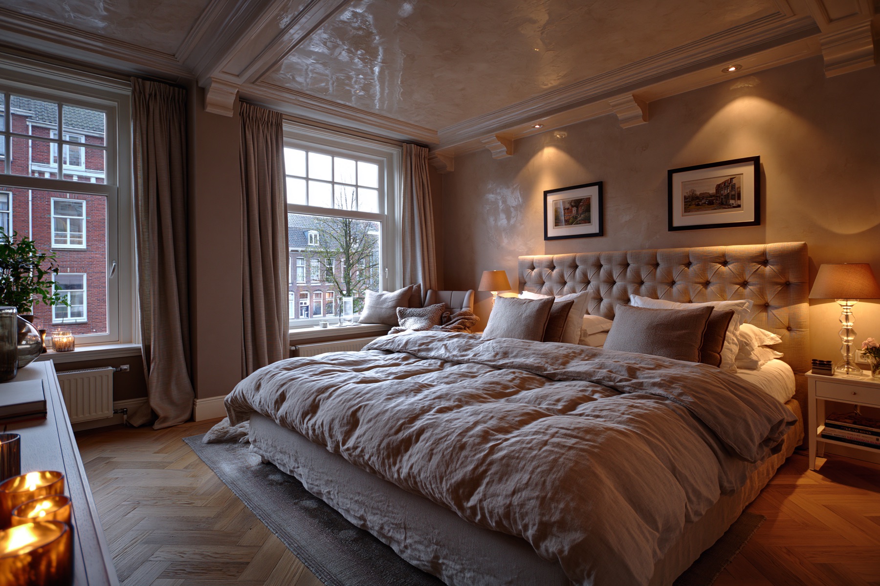 Marmerlook plafond in klassieke slaapkamer van jaren-30 grachtenpand Amsterdam, handgepolijst over historische plafondlijst