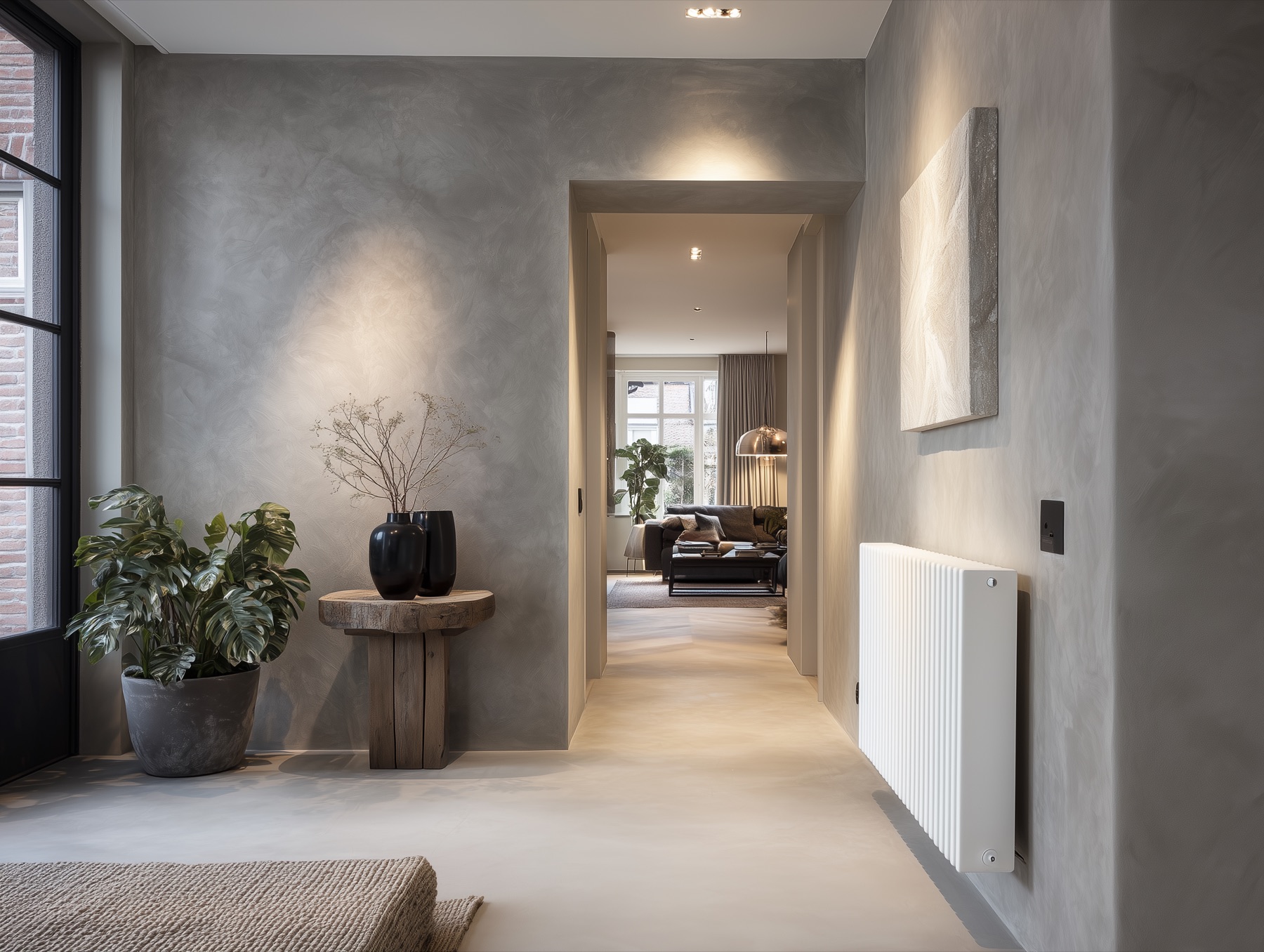 Donkergrijze microcement wand in entree-hal van modern townhouse Amsterdam, doorlopend over twee deuropeningen